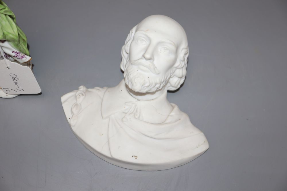 A Meissen style figure of a lady, height 19cm, and a biscuit bust of Shakespeare,